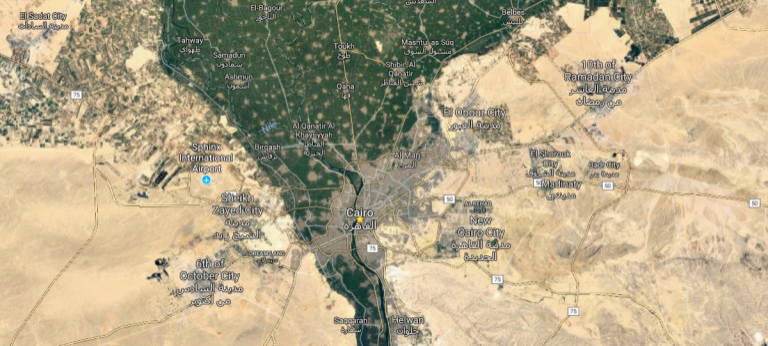 Googlemaps Screenshot of Nile River Valley and Greater Cairo Region.