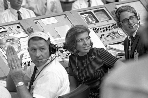 JoAnn Morgan watches from the launch firing room during the launch of Apollo 11 at Cape Kennedy (now Cape Canaveral). 