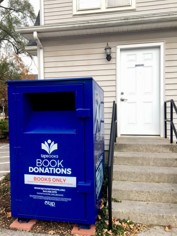 TAP's book donation program outside of 201 W Roanoke Street, Blacksburg